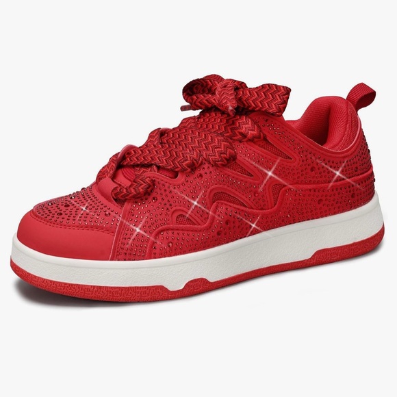 Red Rhinestone Double Lace-Up Sneakers - Picture 2 of 3
